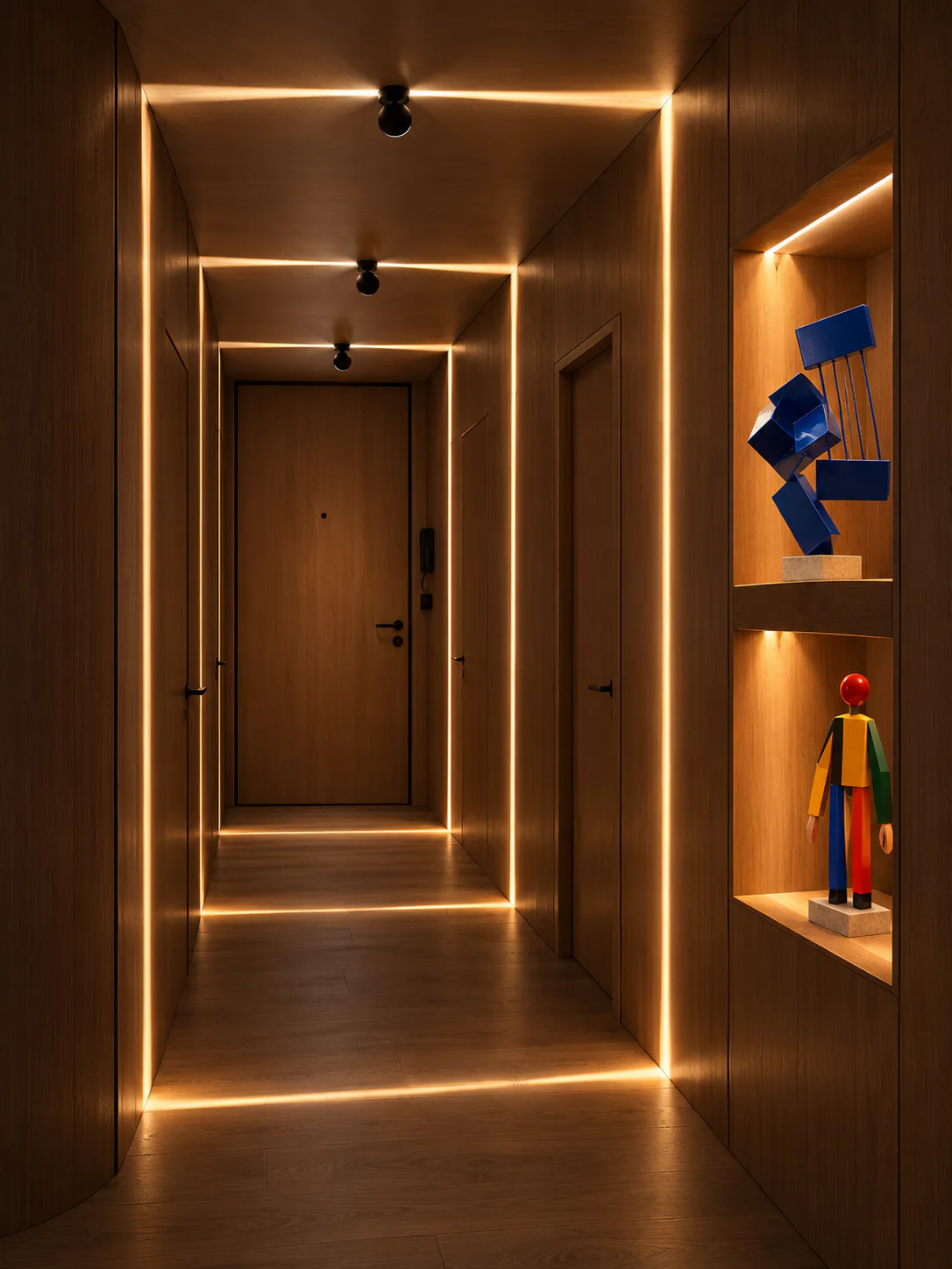 Luxuriöser Holzkorridor mit Lichtbändern