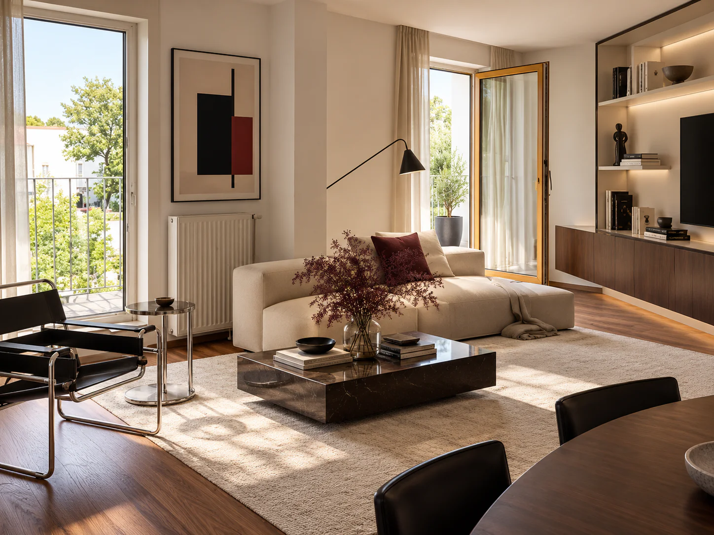 Bright minimalist living room with a balcony view