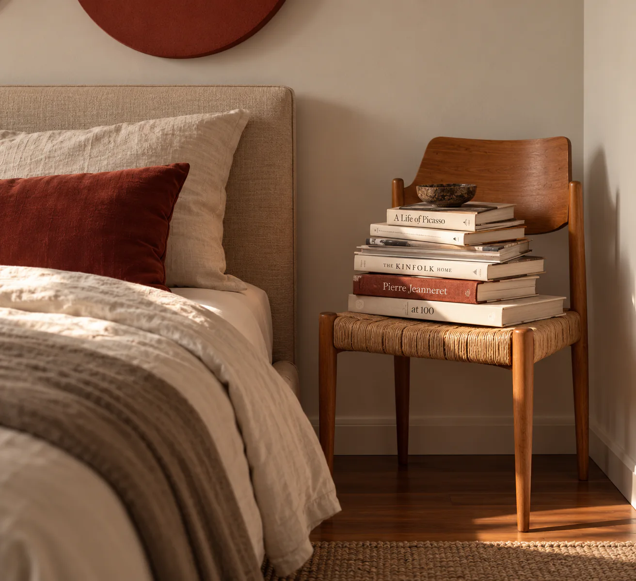 Scandinavian reading corner with a stack of books