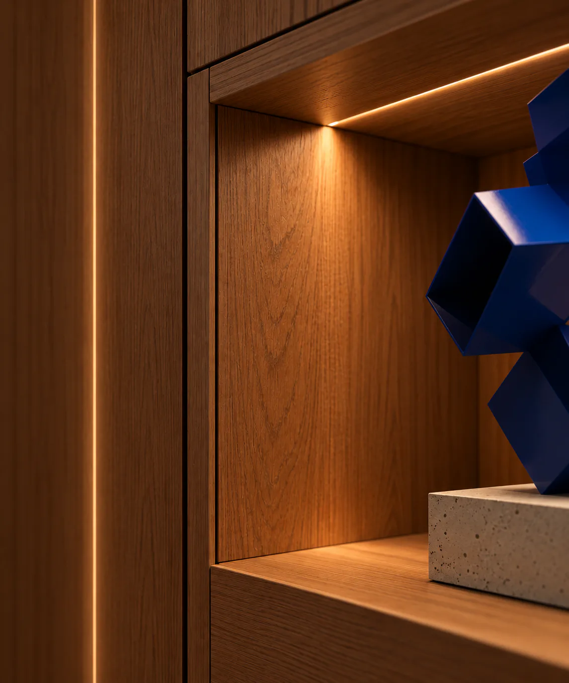 Warmly lit wooden niche with sculpture